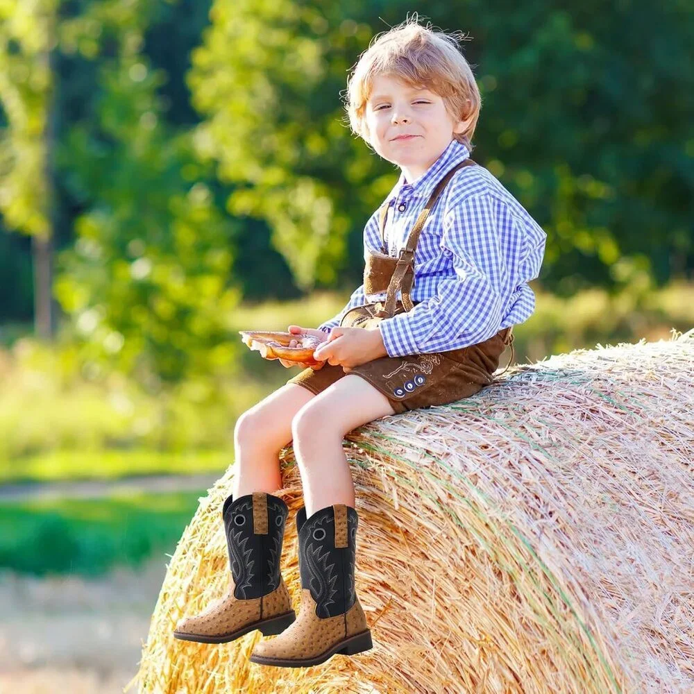 ⚡Kids Girls Brown Ostrich Western Boots Square Toe Cowgirl Boots For Toddler